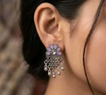 Oxidized Silver Lavender Flower Jhumka Earrings – Traditional Boho Style