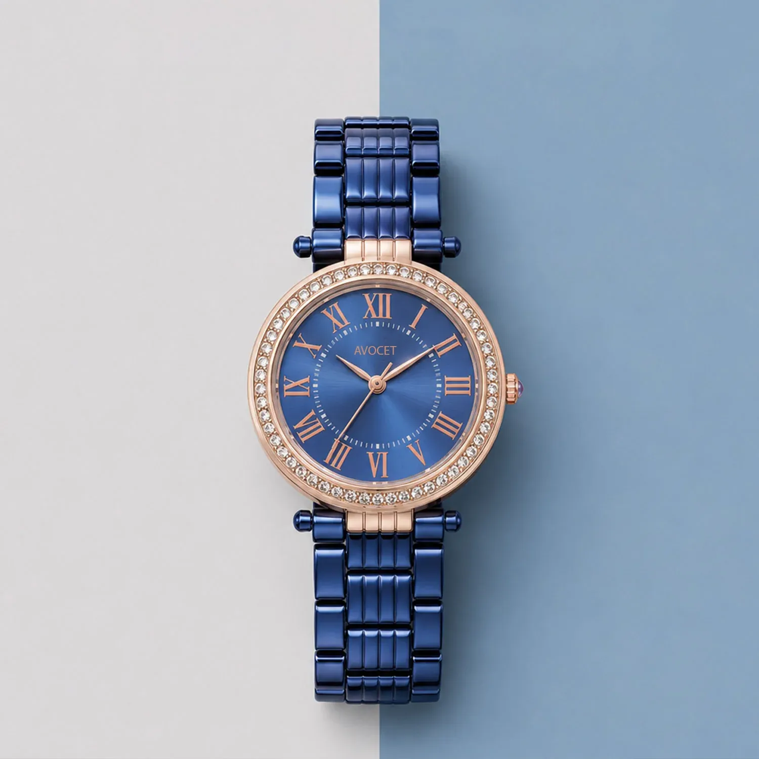 Premium Women's Blue Analog Watch – Rose Gold Crystal Bezel Metal Strap - Buy Online at Alikart