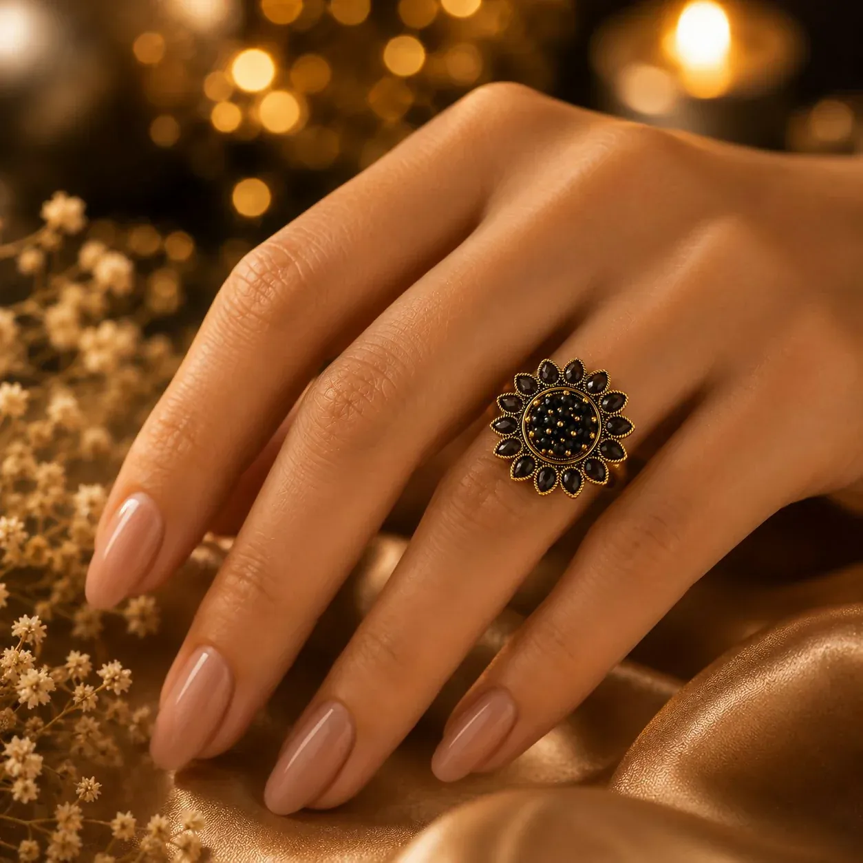 Black Floral Statement Ring – Vintage Gold Finish for Women - Detailed Feature View 1