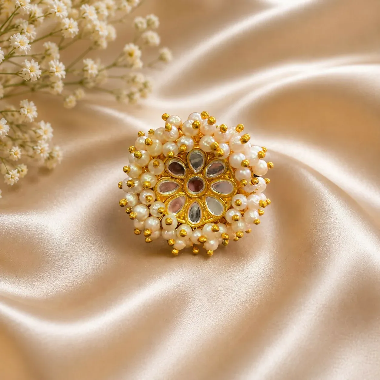 Premium Pearl Kundan Floral Statement Ring – Elegant Gold Plated Finish - Buy Online at Alikart