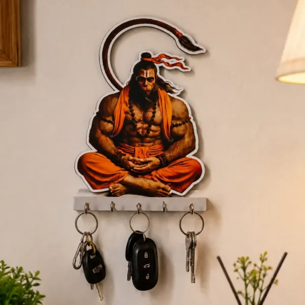 Key Holder – Traditional Hanumanji Wooden Wall Decor with 5 Hooks
