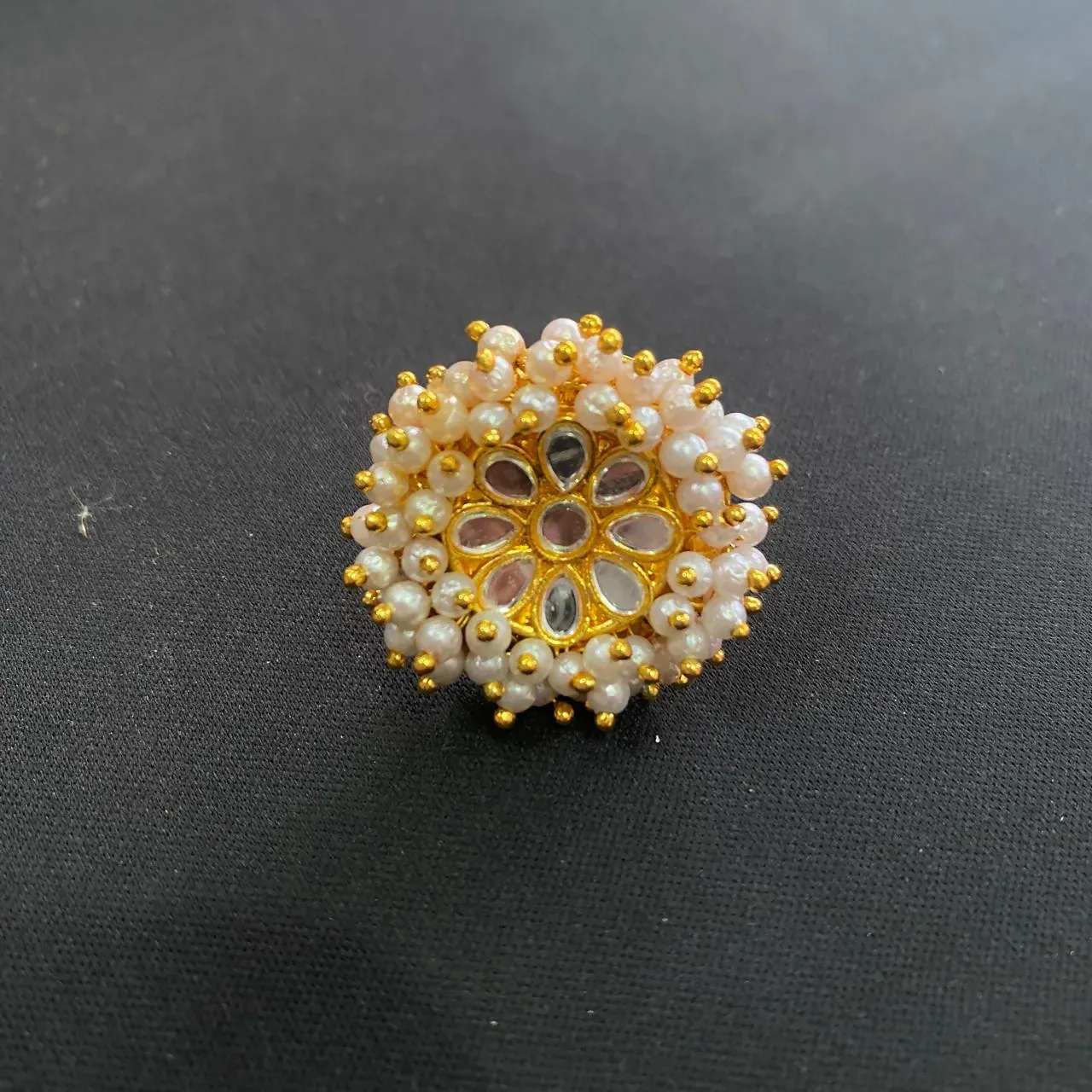 Pearl Kundan Floral Statement Ring – Elegant Gold Plated Finish - Detailed Feature View 3