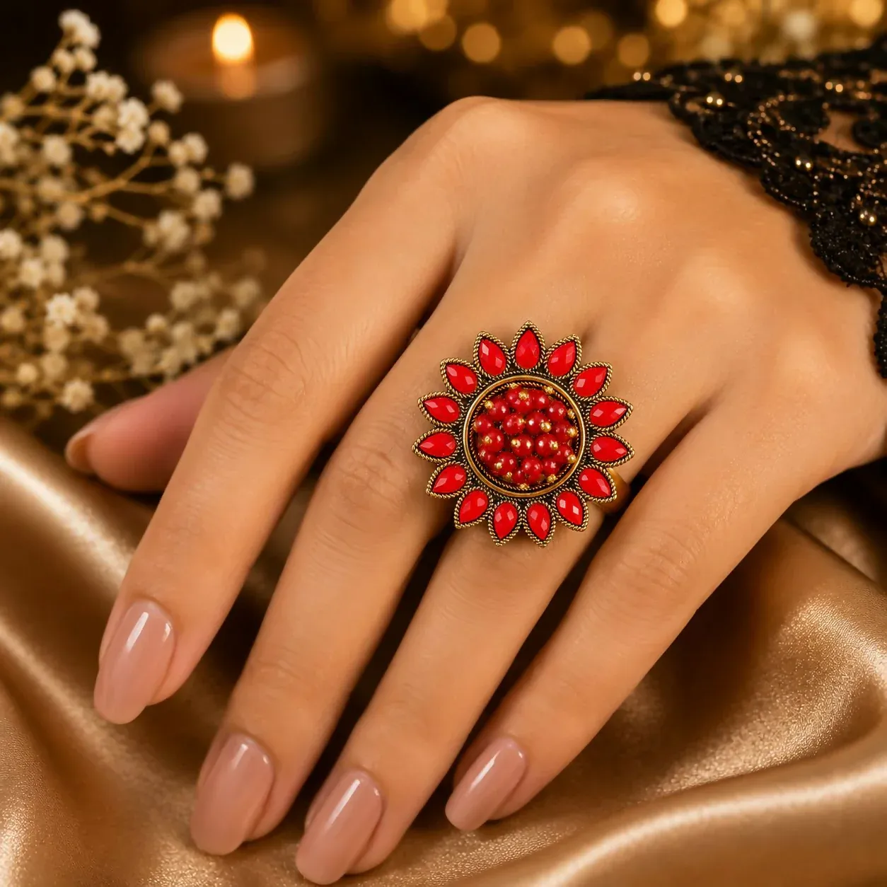 Elegant Red Floral Statement Ring for Women | Vintage Gold Finish - Detailed Feature View 1