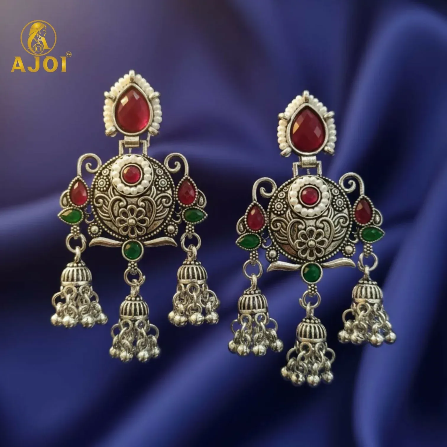 Ruby Chandbali Earrings – Ethnic Designer Jhumka with Pearls - Detailed Feature View 3
