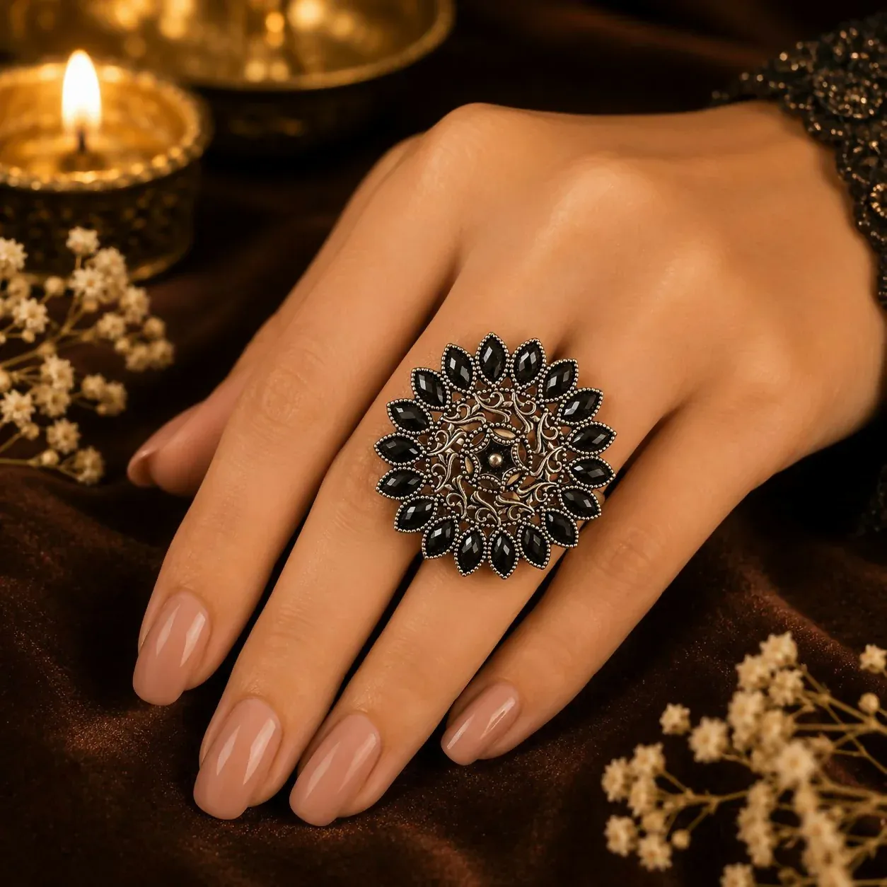 Black Beaded Floral Adjustable Finger Ring – Ethnic & Festive - Detailed Feature View 1