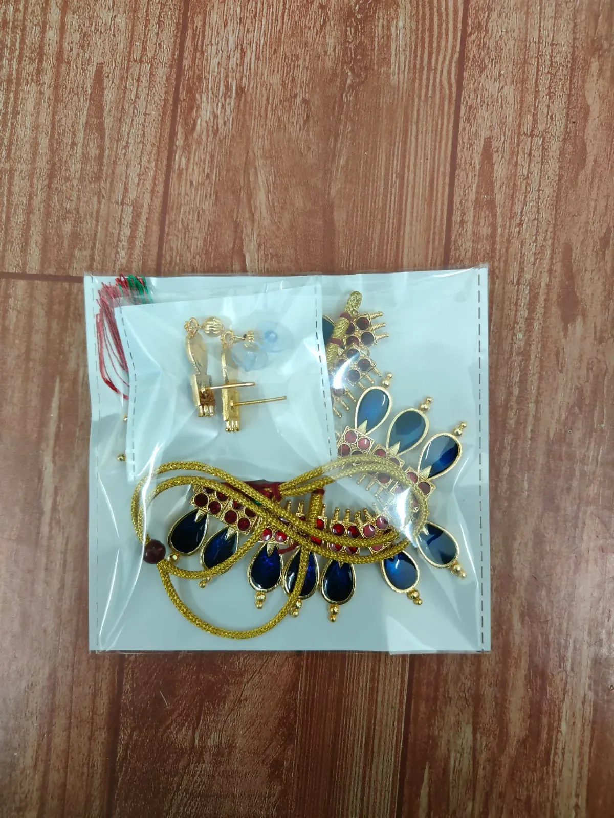 Gold-Tone Lotus Choker Set – Traditional Blue-Maroon Enamel Design - Detailed Feature View 4