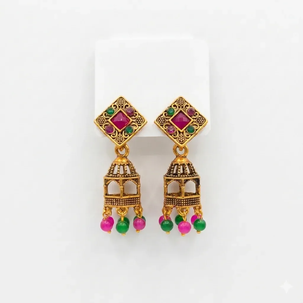 Traditional Antique Gold-Plated Square Geometric Cage Jhumka Earrings - Detailed Feature View 2