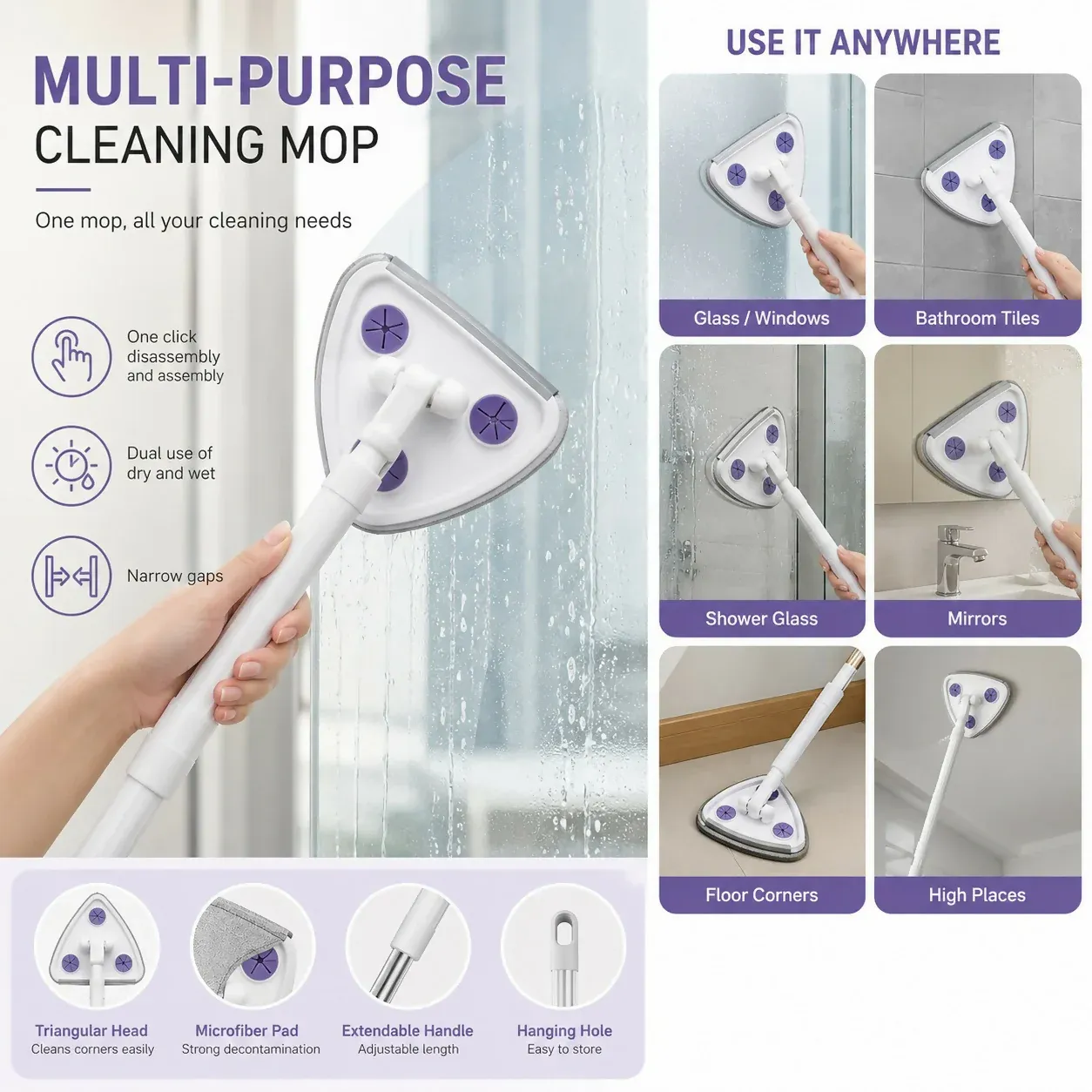 Triangular Microfiber Cleaning Mop for Glass, Walls & Floor Corners - Detailed Feature View 4