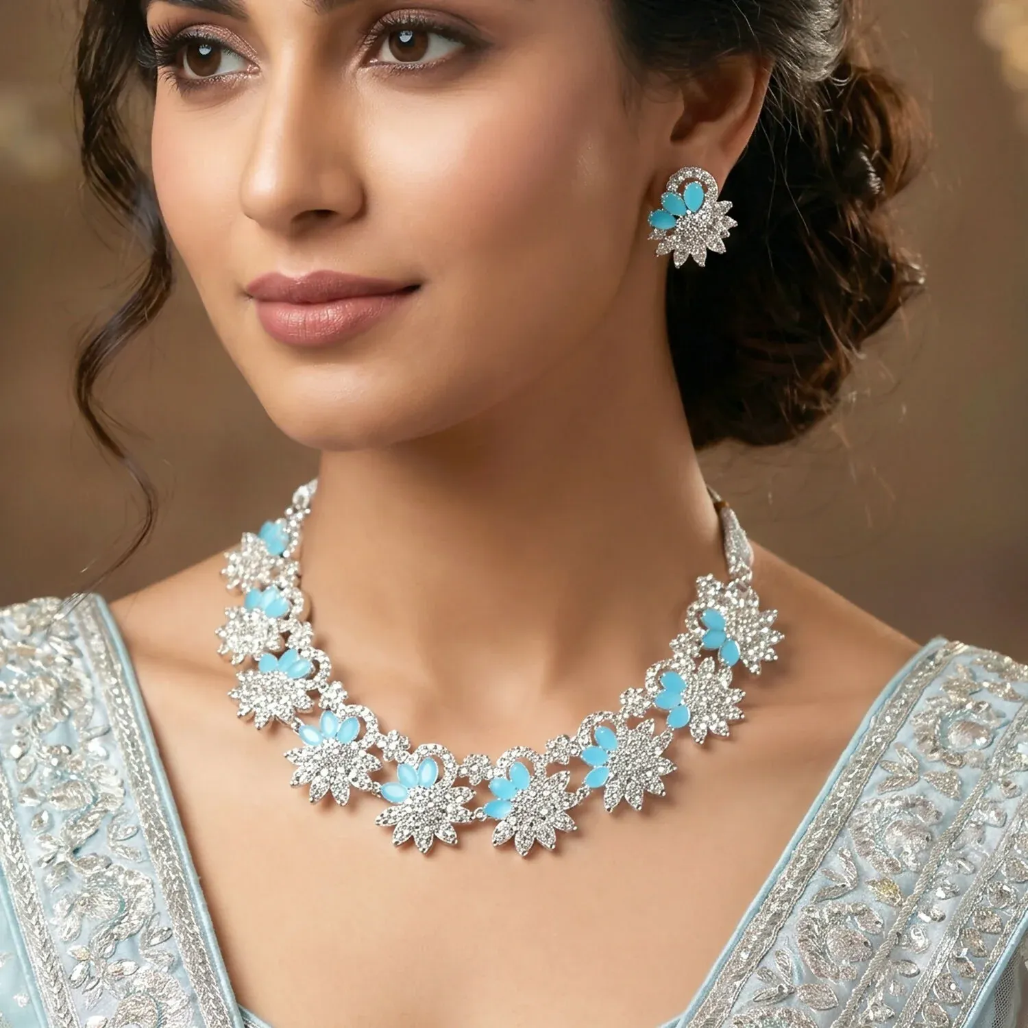 Silver-Plated Necklace Set – Elegant Blue Gemstone Design - Detailed Feature View 2