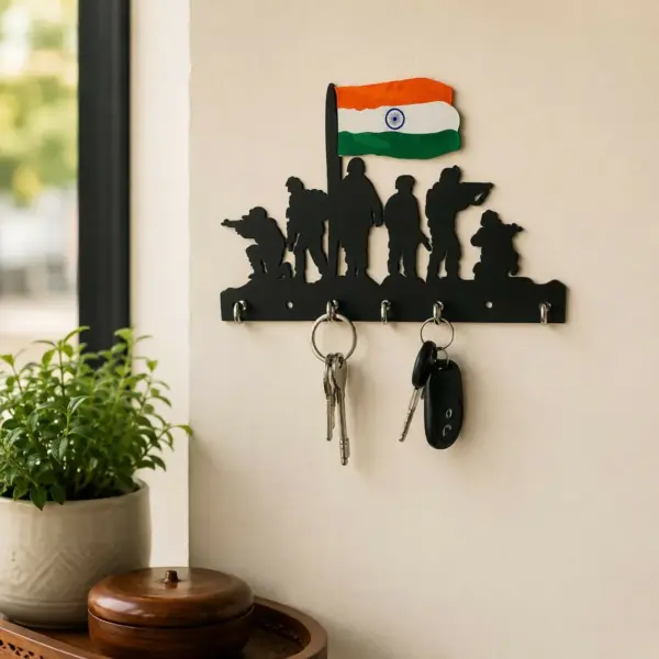 Indian Army Key Holder – Patriotic Metal Wall Decor with 6 Hooks