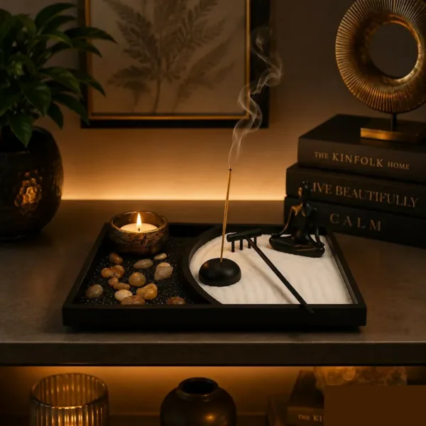 Zen Meditation Tray Set with Buddha, Candle & Incense Holder Decor