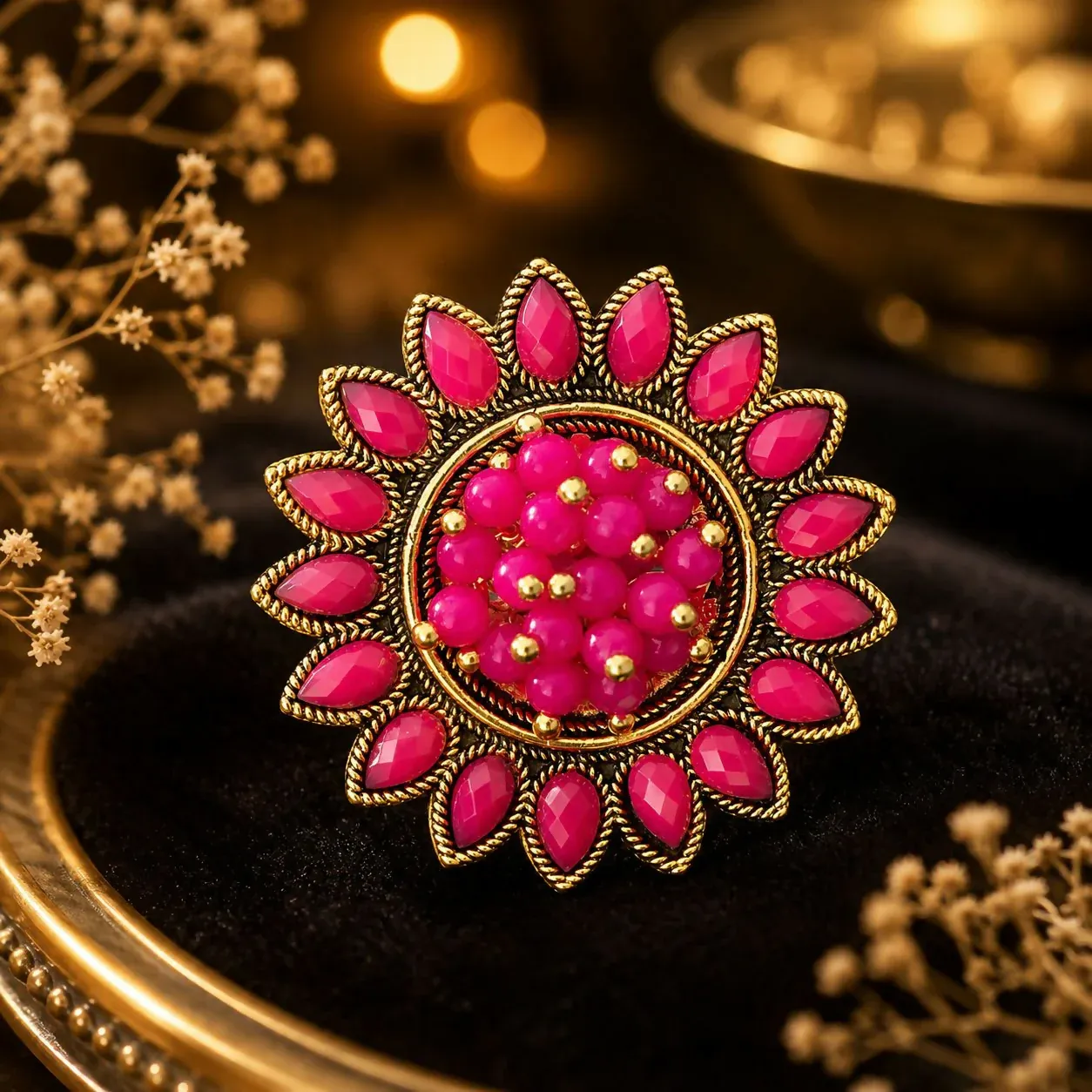Premium Elegant Pink Floral Statement Ring for Women | Vintage Gold Finish - Buy Online at Alikart