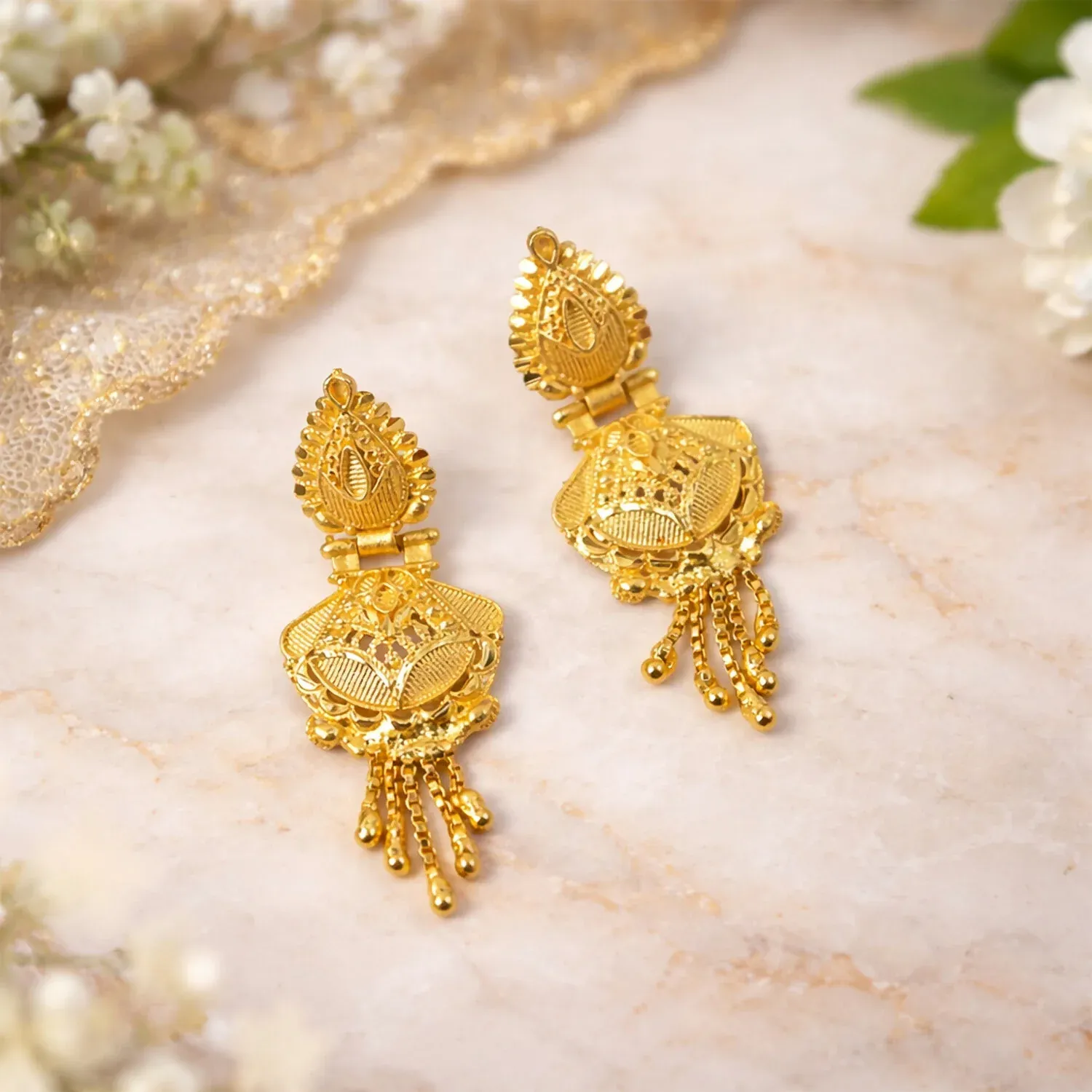 Gold Dangle Earrings – Festive Intricate Carved Design - Detailed Feature View 3