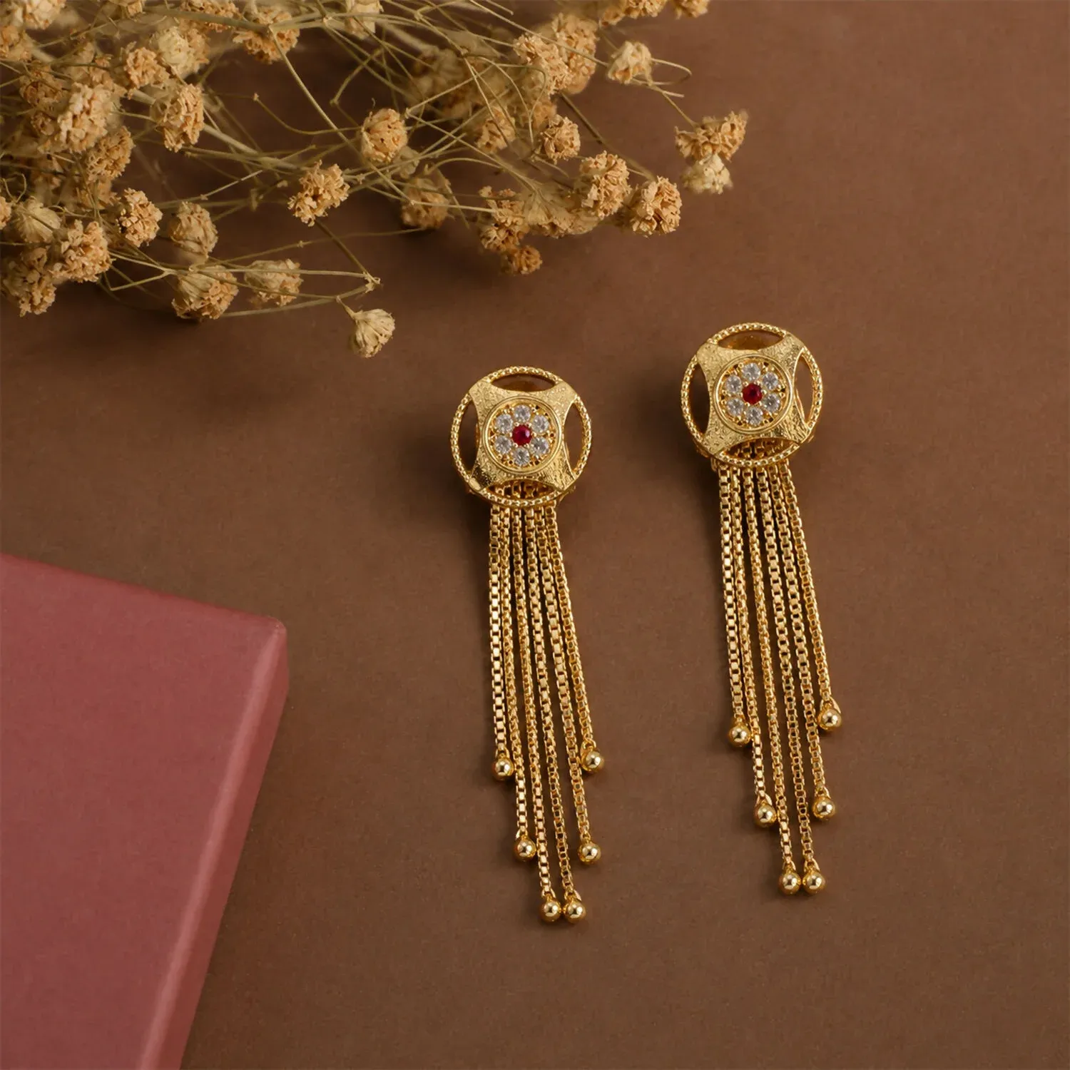 Gold Circular Dangle Earrings – Ruby Gemstone Tassels - Detailed Feature View 3