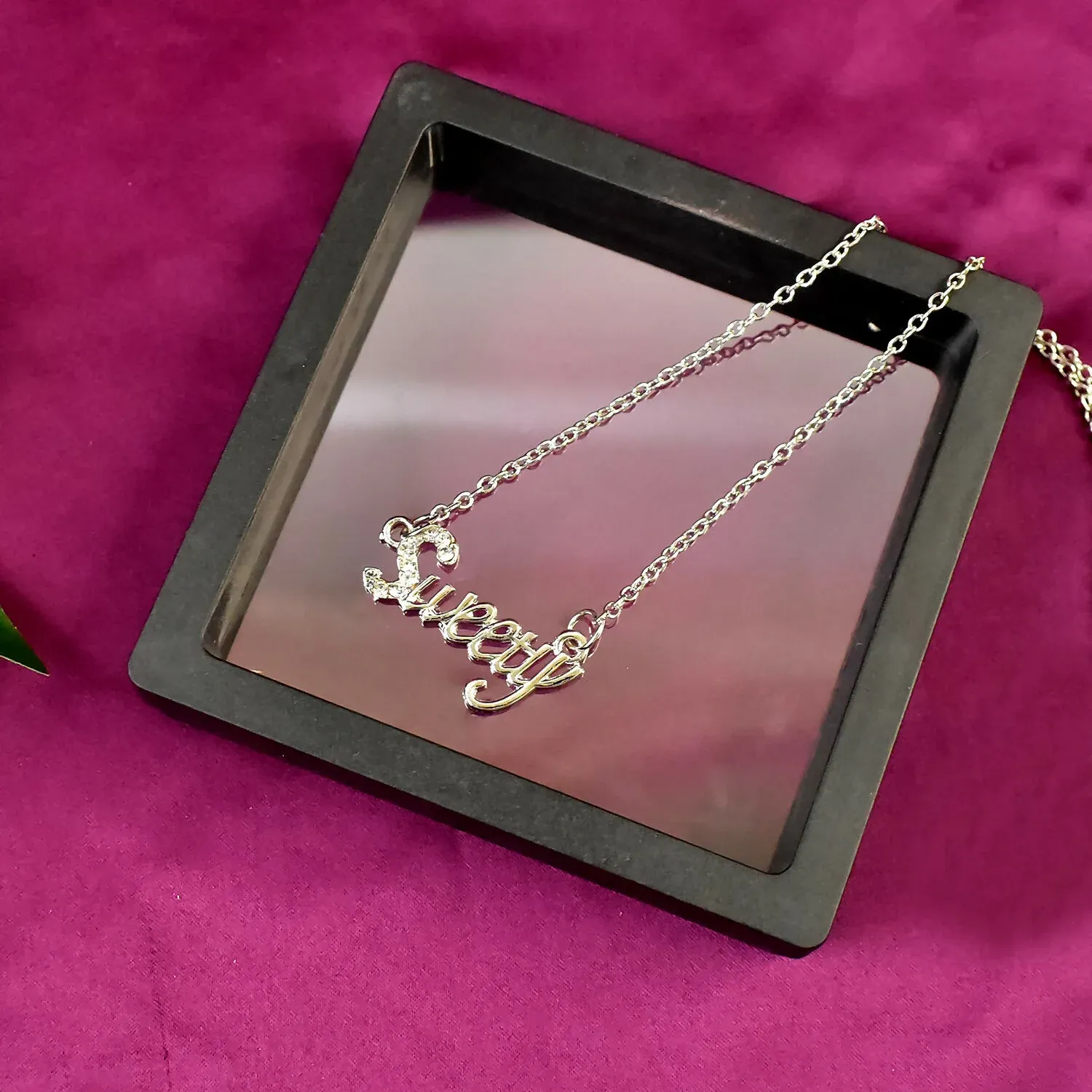 Sweety Pendant Necklace – Silver-Tone Elegant Script Design - Detailed Feature View 2