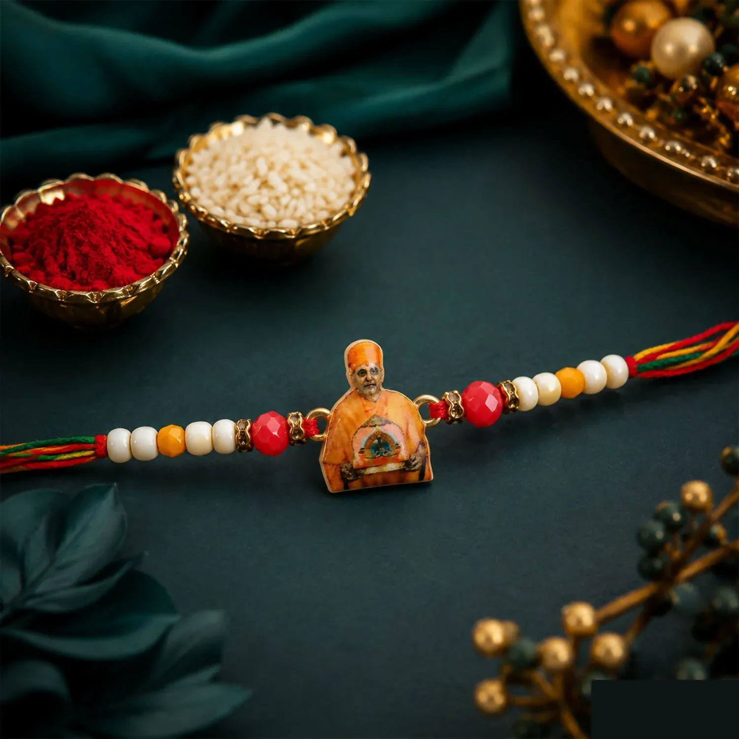 Spiritual Pramukh Swami Maharaj Devotional Rakhi for Brother, Beaded Thread Gift - Detailed Feature View 5