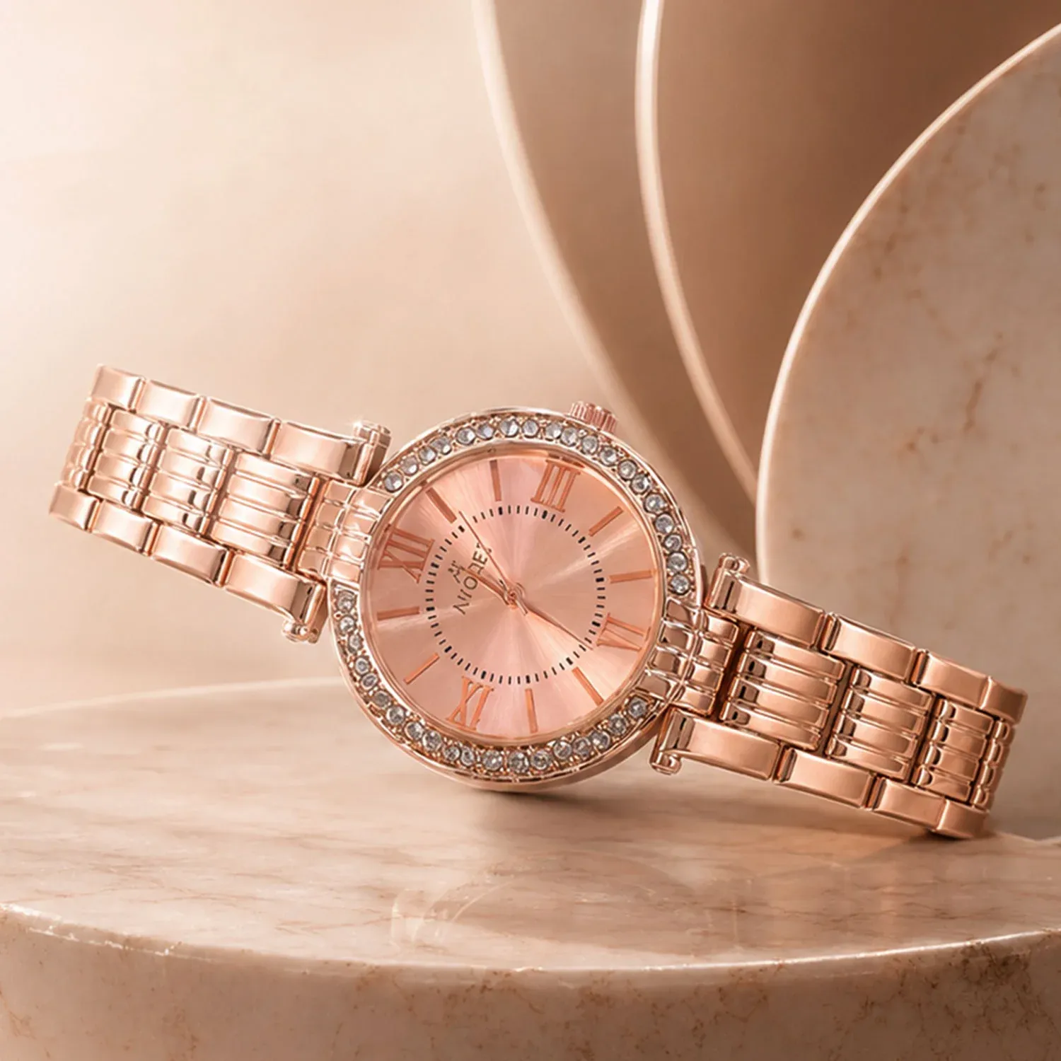 Premium Women's Rose Gold Analog Wrist Watch with Crystal Bezel - Buy Online at Alikart