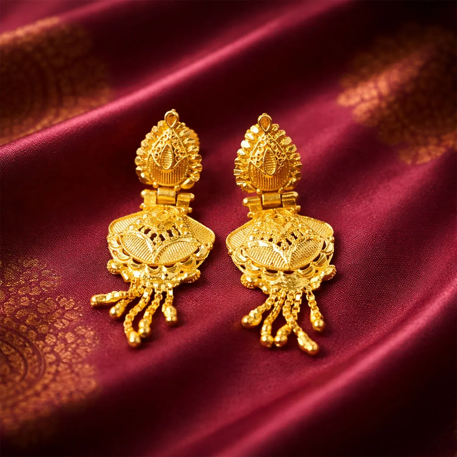 Premium Gold Dangle Earrings – Festive Intricate Carved Design - Buy Online at Alikart