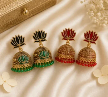 Emerald Ruby Lotus Meenakari Jhumka Earrings Combo Set of 2 Pairs for Women