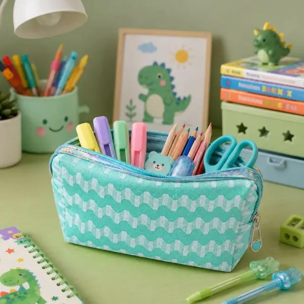 Multipurpose Stationery & Makeup Organizer Pouch with Zipper – Aqua Blue