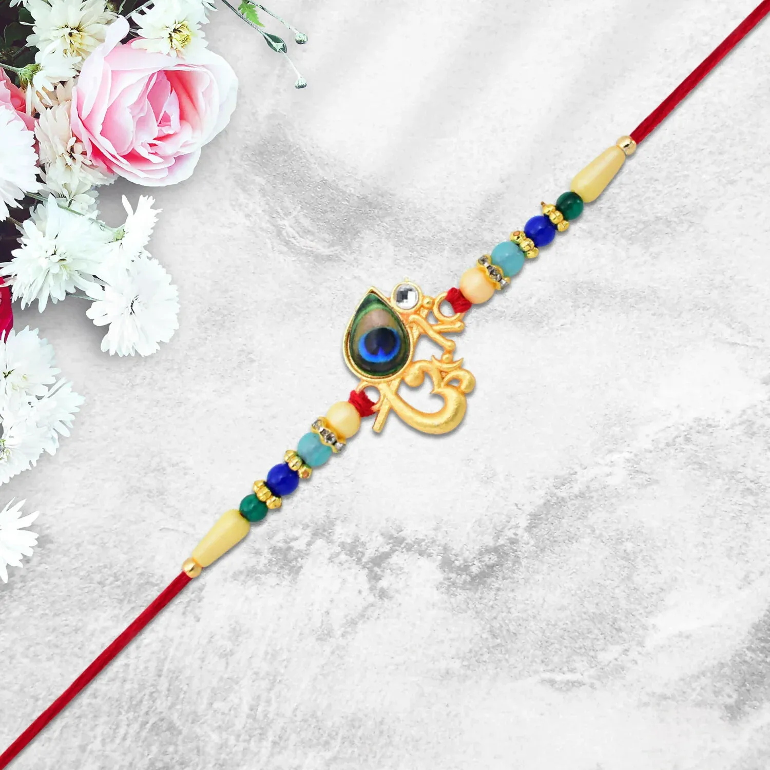 Peacock Feather Rakhi – Divine Multicolor Beads for Brother - Detailed Feature View 2