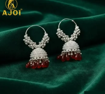 Silver Hoop Earrings – Traditional Red Crimson Drops for Festive Looks