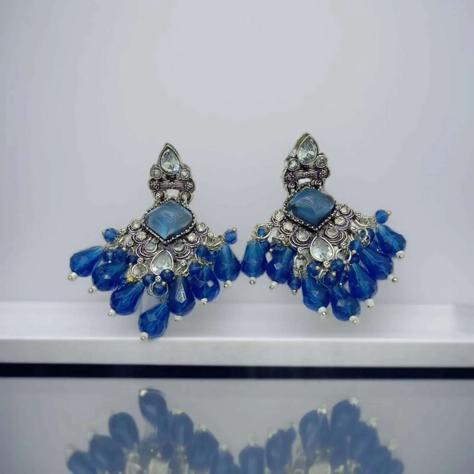 German Silver Earrings – Oxidised Blue Pearl Design - Detailed Feature View 3