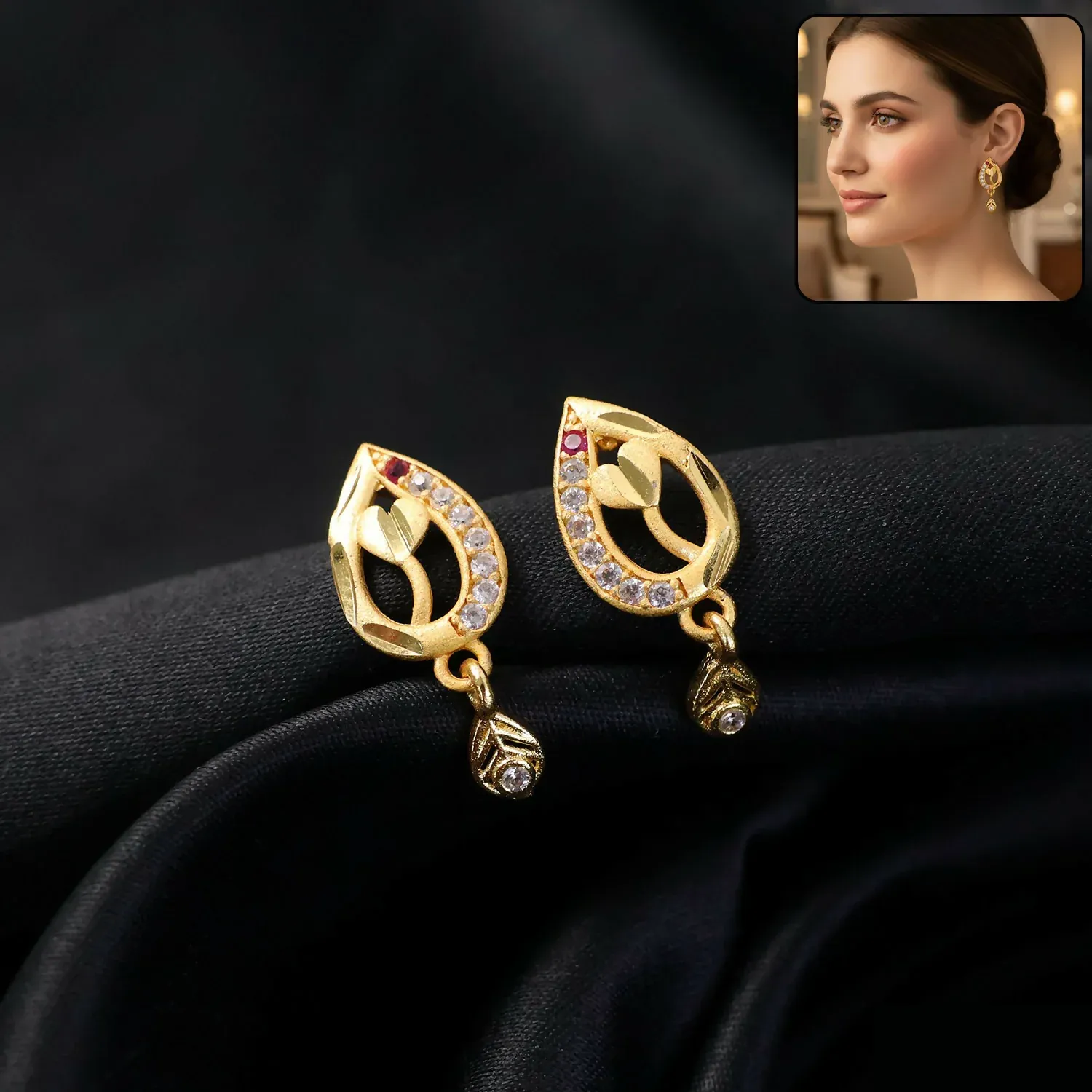 Premium Teardrop Leaf Gold-Plated Ruby Earrings – Elegant Daily Wear - Buy Online at Alikart