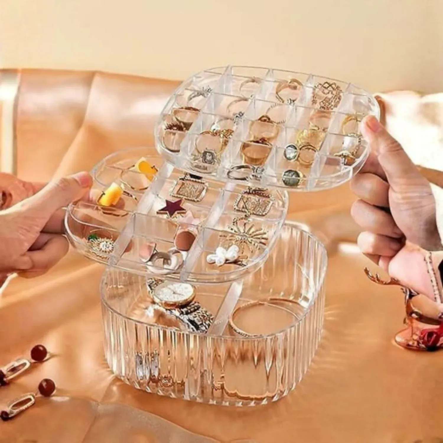 Multi-Layer Transparent Jewelry Organizer Box – 360° Rotating & Space-Saving Design