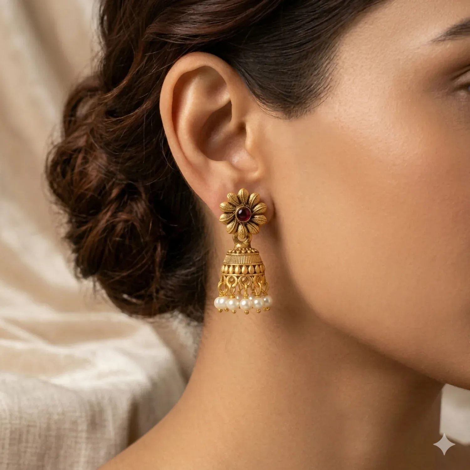 Traditional Antique Gold Sunflower Ruby Jhumka Earrings - Detailed Feature View 1