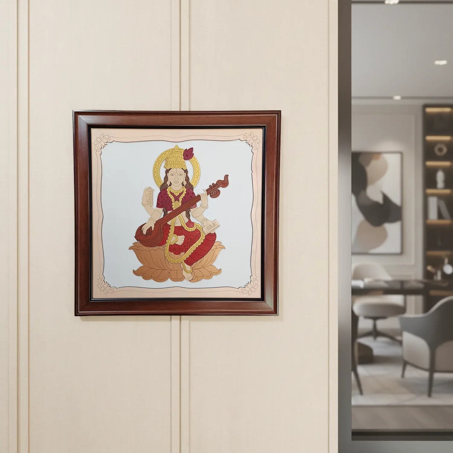 Goddess Saraswati Wooden Framed Wall Art – Handcrafted Spiritual Decor - Detailed Feature View 2