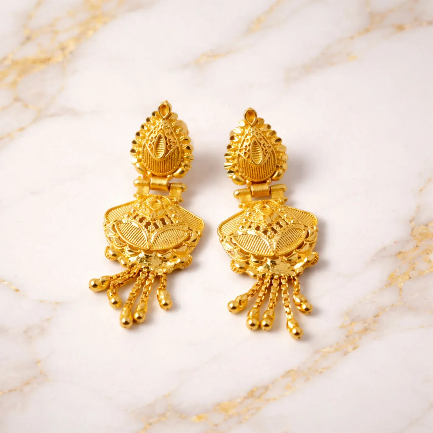 Gold Dangle Earrings – Festive Intricate Carved Design - Detailed Feature View 2
