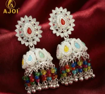 Silver Kundan Jhumka Earrings – Multicolor Tassels & Pearl Accents