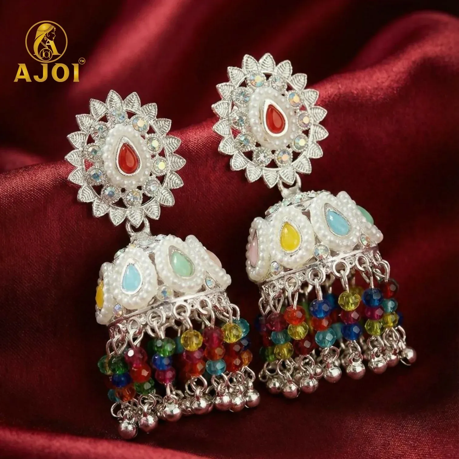 Premium Silver Kundan Jhumka Earrings – Multicolor Tassels & Pearl Accents - Buy Online at Alikart