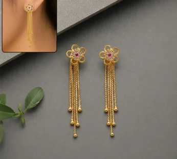 Gold Flower Dangle Earrings – Ruby Gemstone Tassel Design for Women