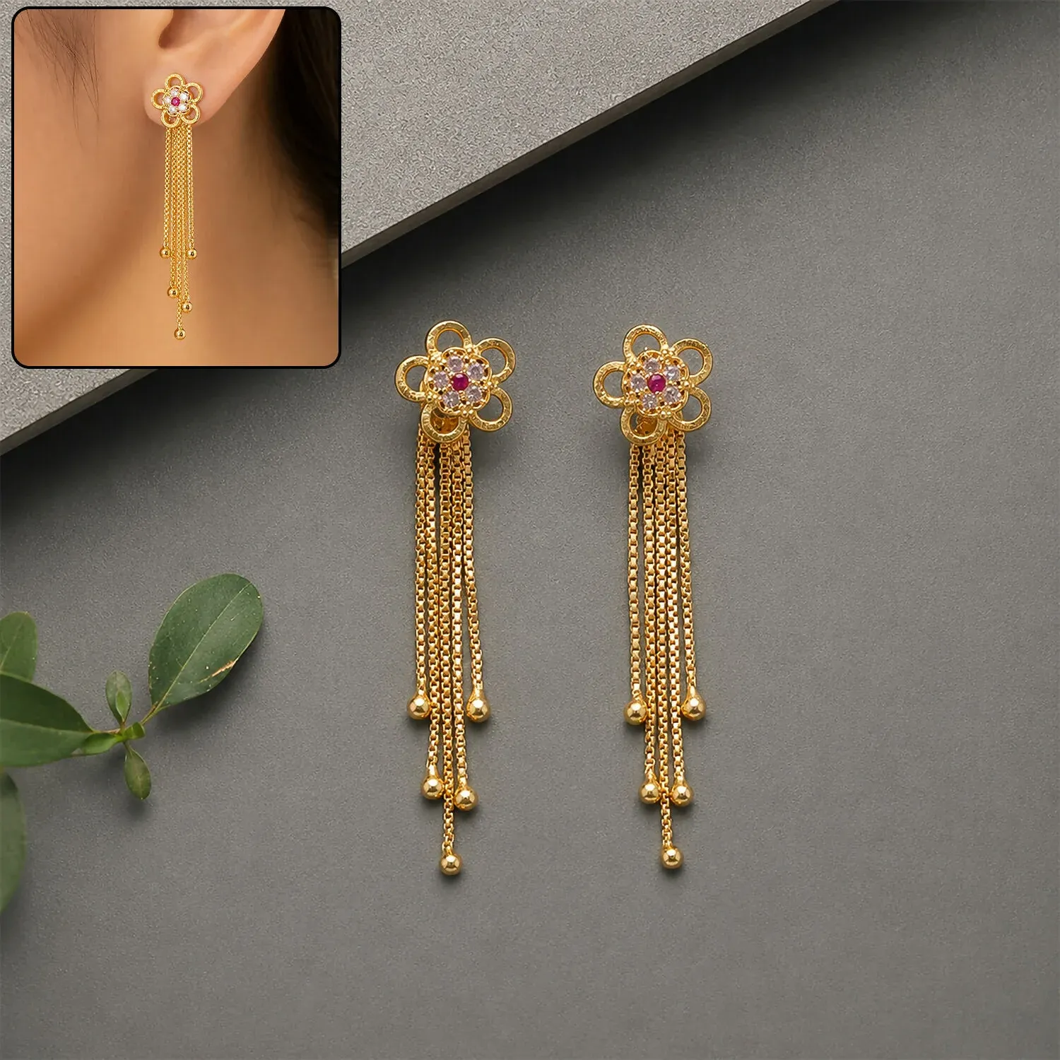 Premium Gold Flower Dangle Earrings – Ruby Gemstone Tassel Design for Women - Buy Online at Alikart