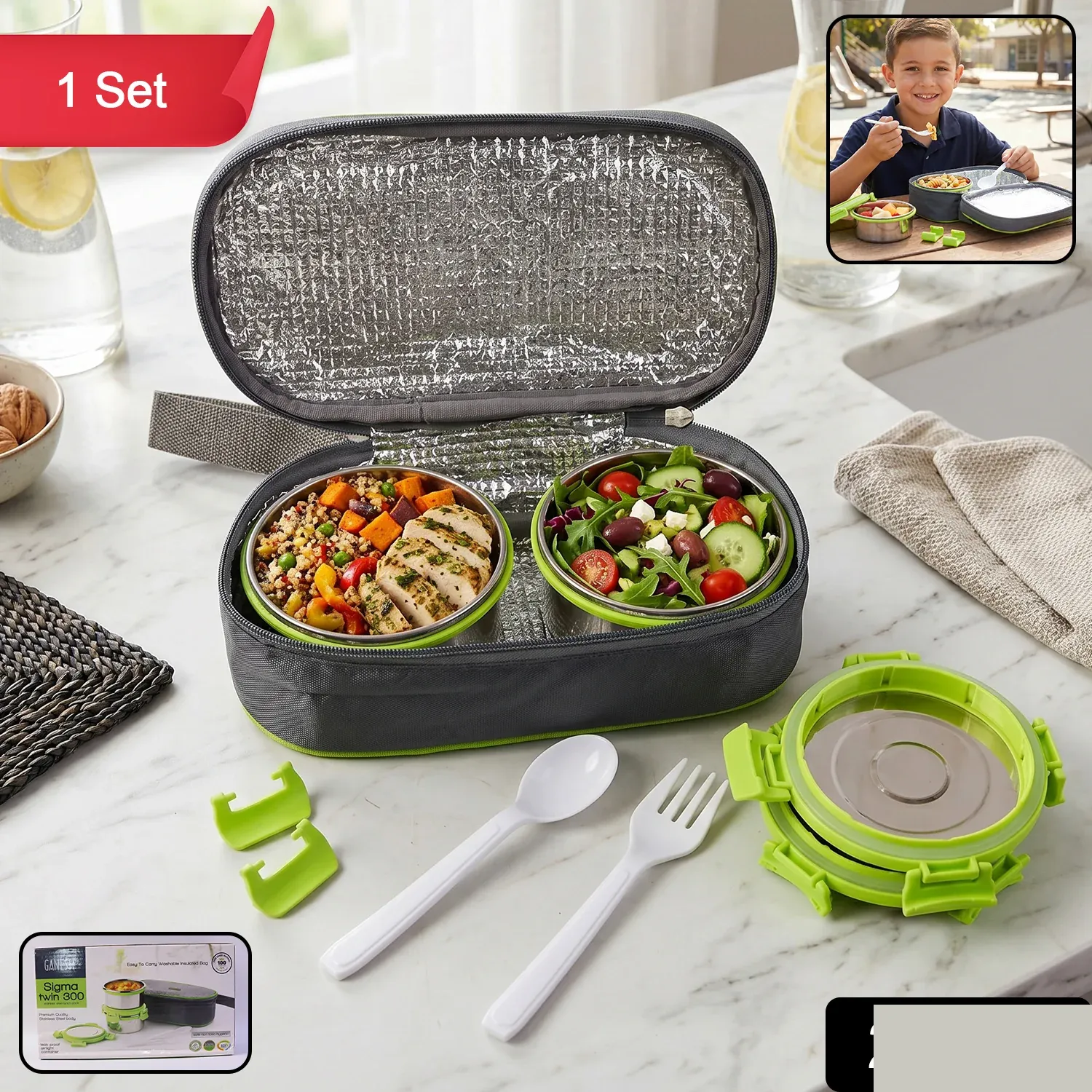 Stainless Steel Lunch Box Set – Durable & Leakproof with Carry Bag - Detailed Feature View 1