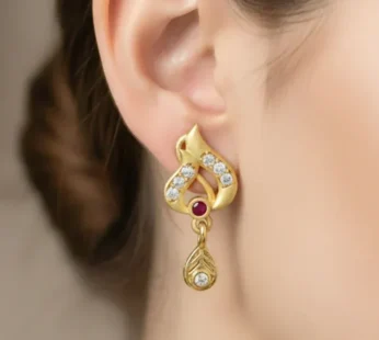 Gold Tone Leaf Earrings with Ruby Accent and Hanging Drop