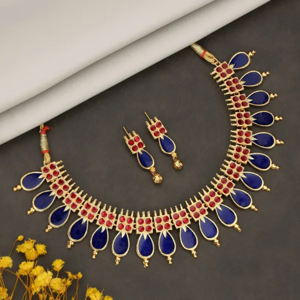 Gold-Tone Lotus Choker Set – Traditional Blue-Maroon Enamel Design