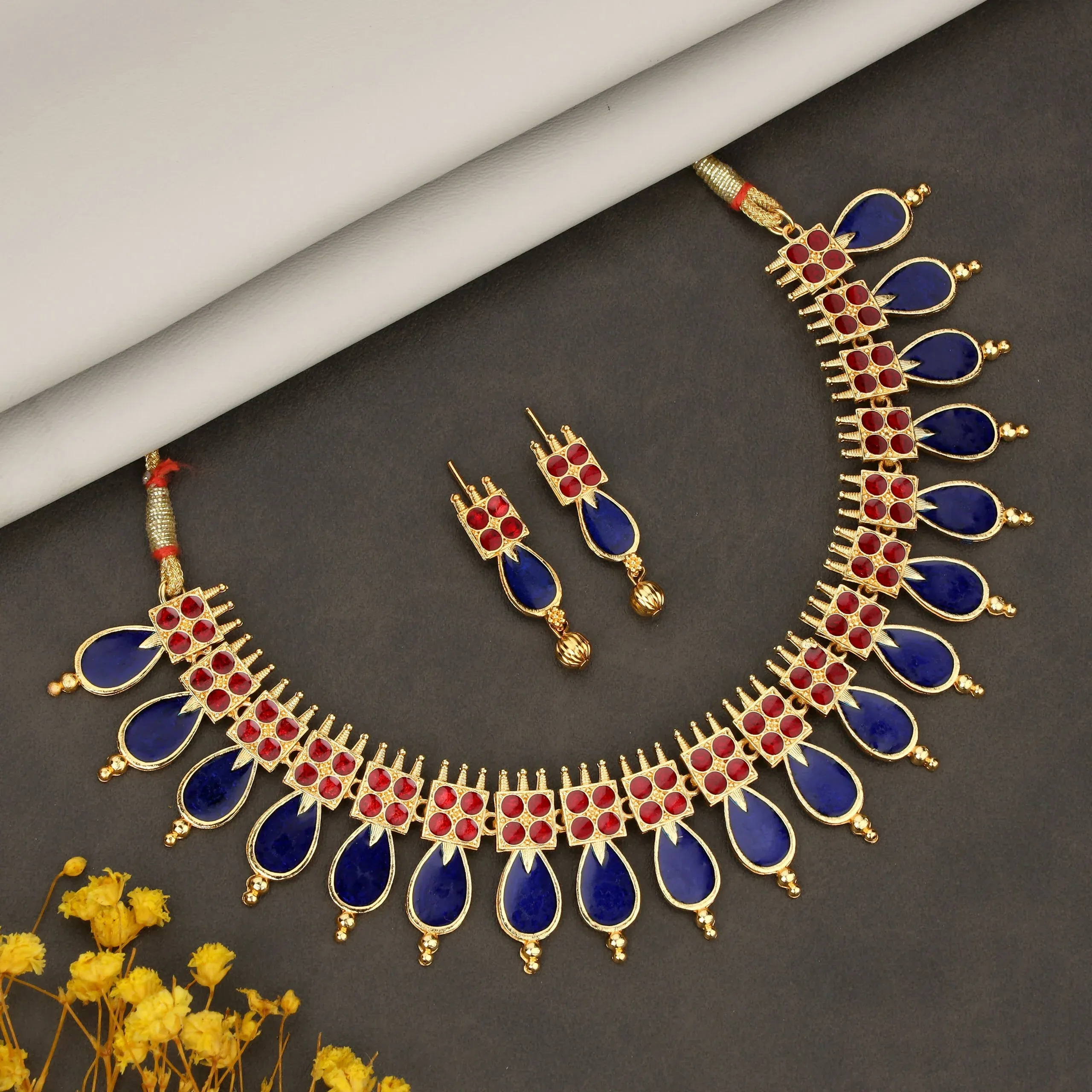 Premium Gold-Tone Lotus Choker Set – Traditional Blue-Maroon Enamel Design - Buy Online at Alikart