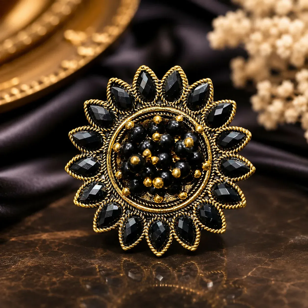 Black Floral Statement Ring – Vintage Gold Finish for Women - Detailed Feature View 2