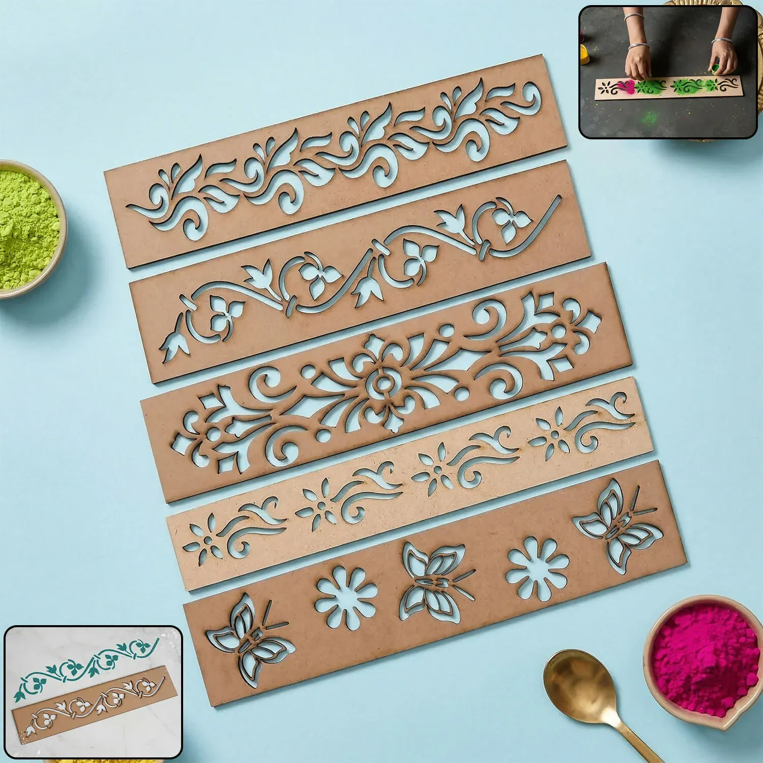 Premium Wooden Rangoli Border Stencil Set of 5 – Reusable MDF Designs for Festive Decor - Buy Online at Alikart