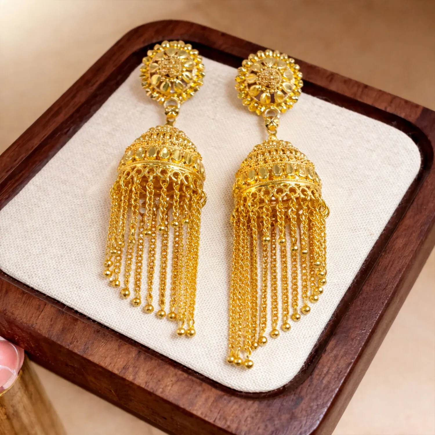 Traditional Gold Tone Jhumka Earrings – Elegant Festive Style - Detailed Feature View 1
