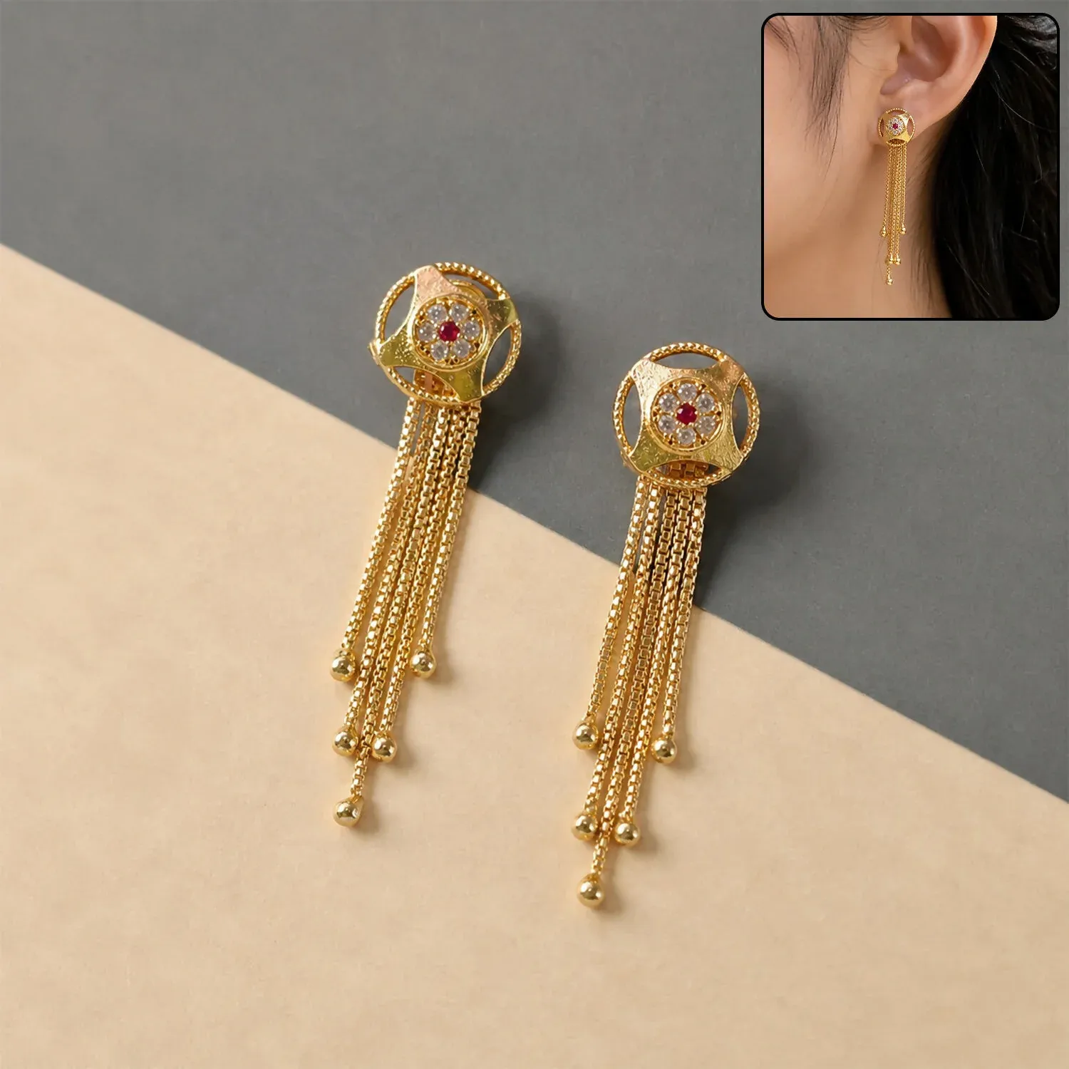 Premium Gold Circular Dangle Earrings – Ruby Gemstone Tassels - Buy Online at Alikart