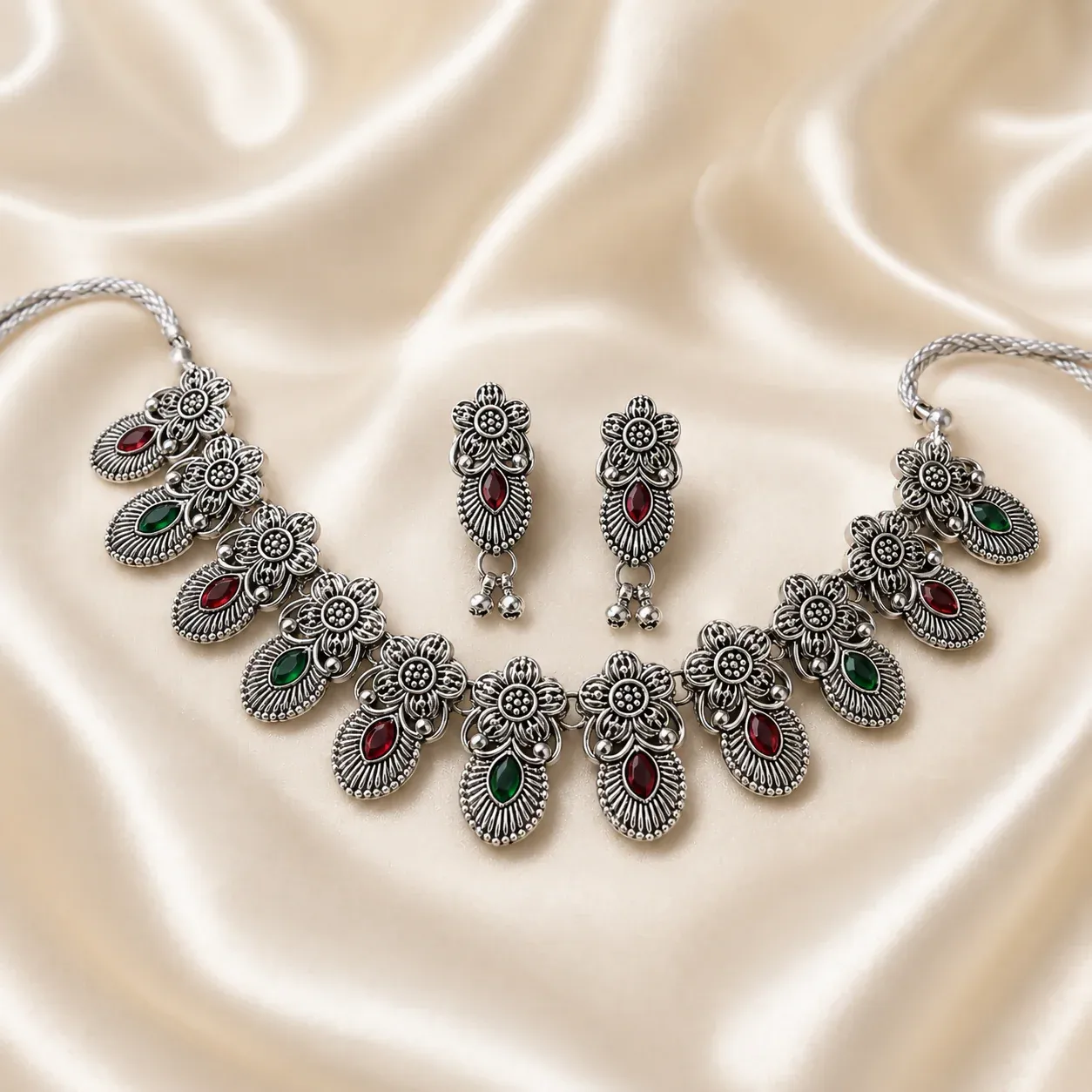 Premium Oxidised Silver Floral Necklace Set for Women | Red & Green Stone Traditional Jewellery Set with Earrings - Buy Online at Alikart