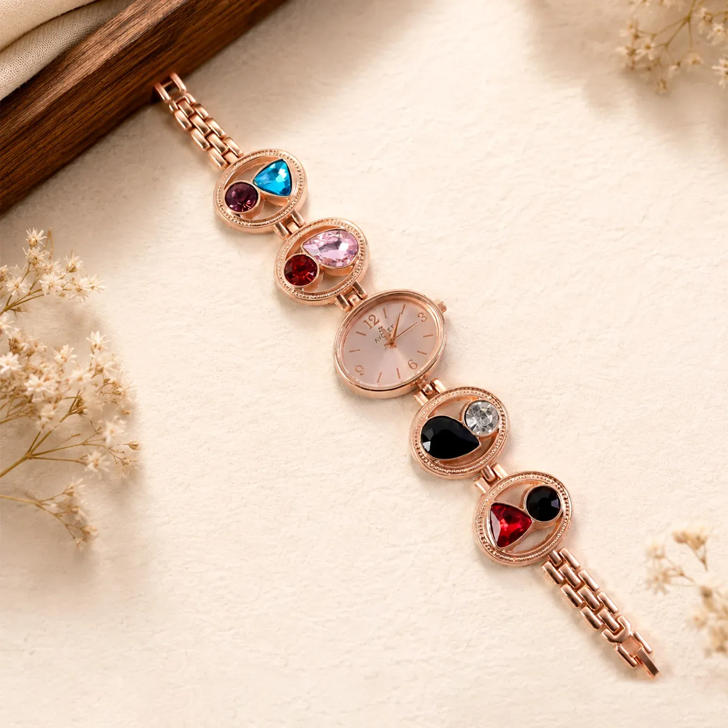 Rose Gold Bracelet Watch – Women's Analog with Crystal Stones - Detailed Feature View 2