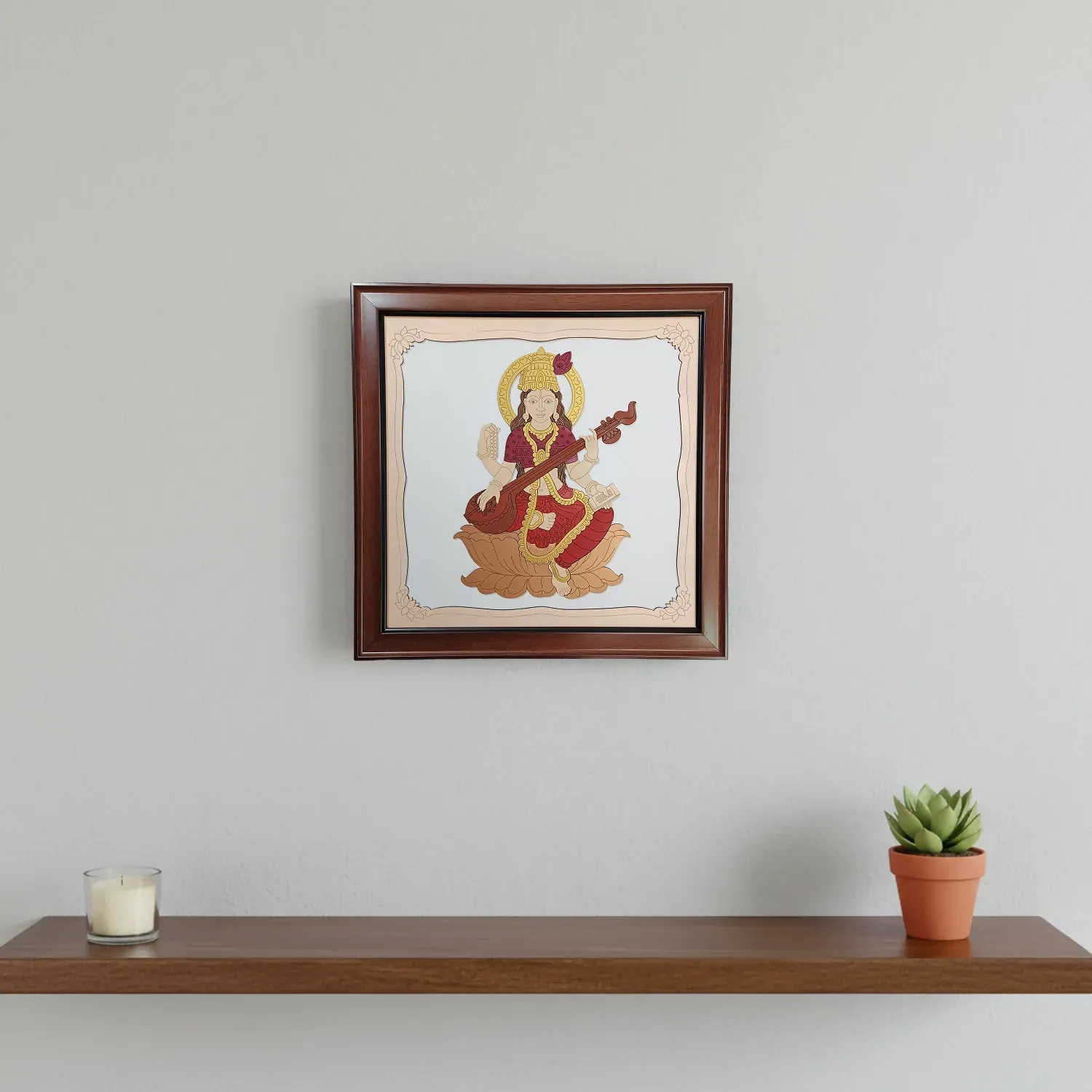 Goddess Saraswati Wooden Framed Wall Art – Handcrafted Spiritual Decor - Detailed Feature View 4