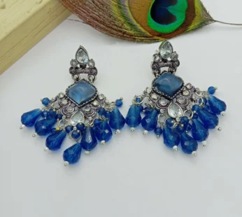 German Silver Earrings – Oxidised Blue Pearl Design