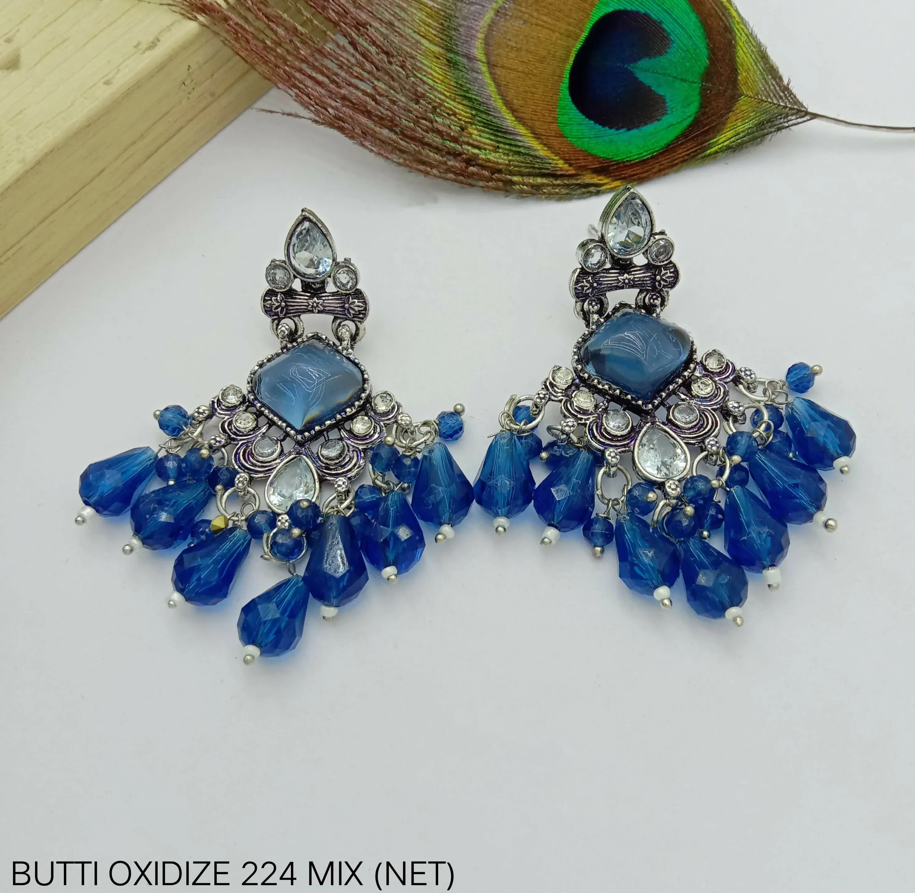 Premium German Silver Earrings – Oxidised Blue Pearl Design - Buy Online at Alikart