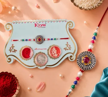 Sunburst Stone Rakhi with Magenta Centre, Pearl Beads, Roli Chawal Coin and Card Packing